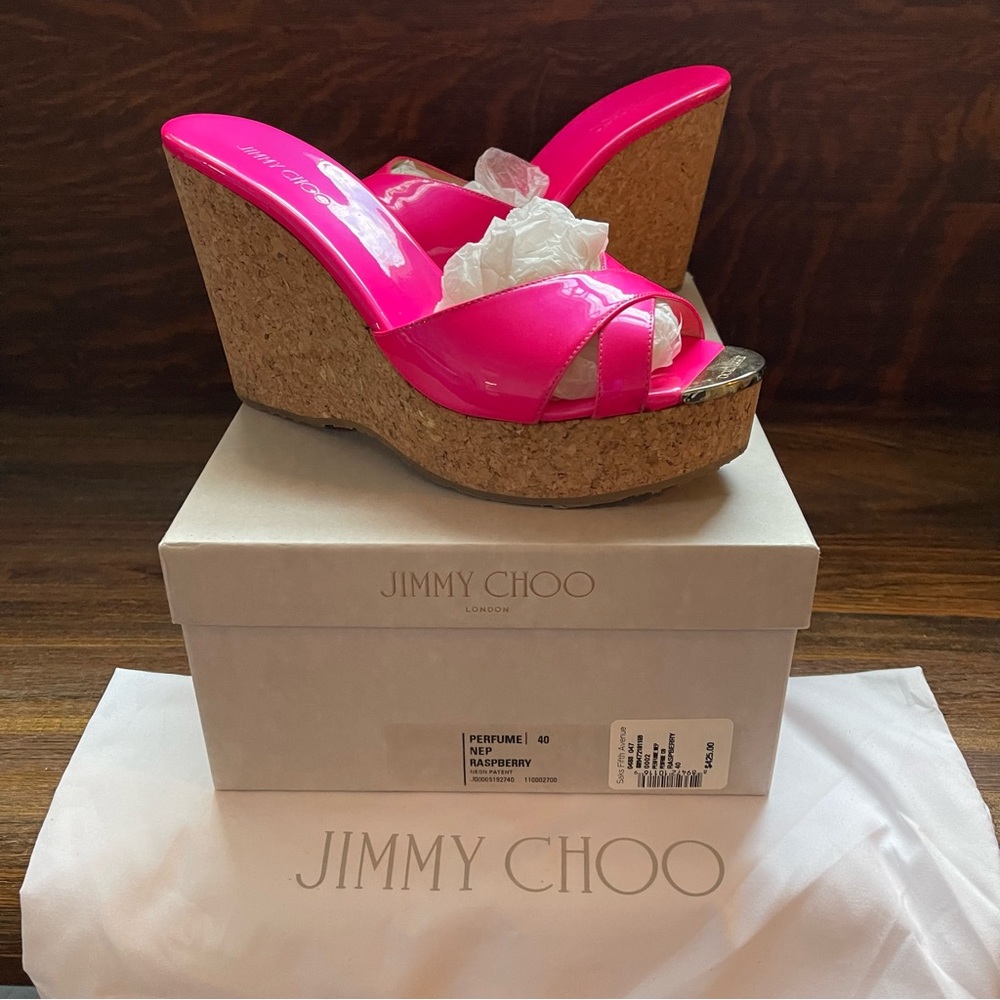 Jimmy Choo Perfume Neon Patent Cork Wedges in Raspberry